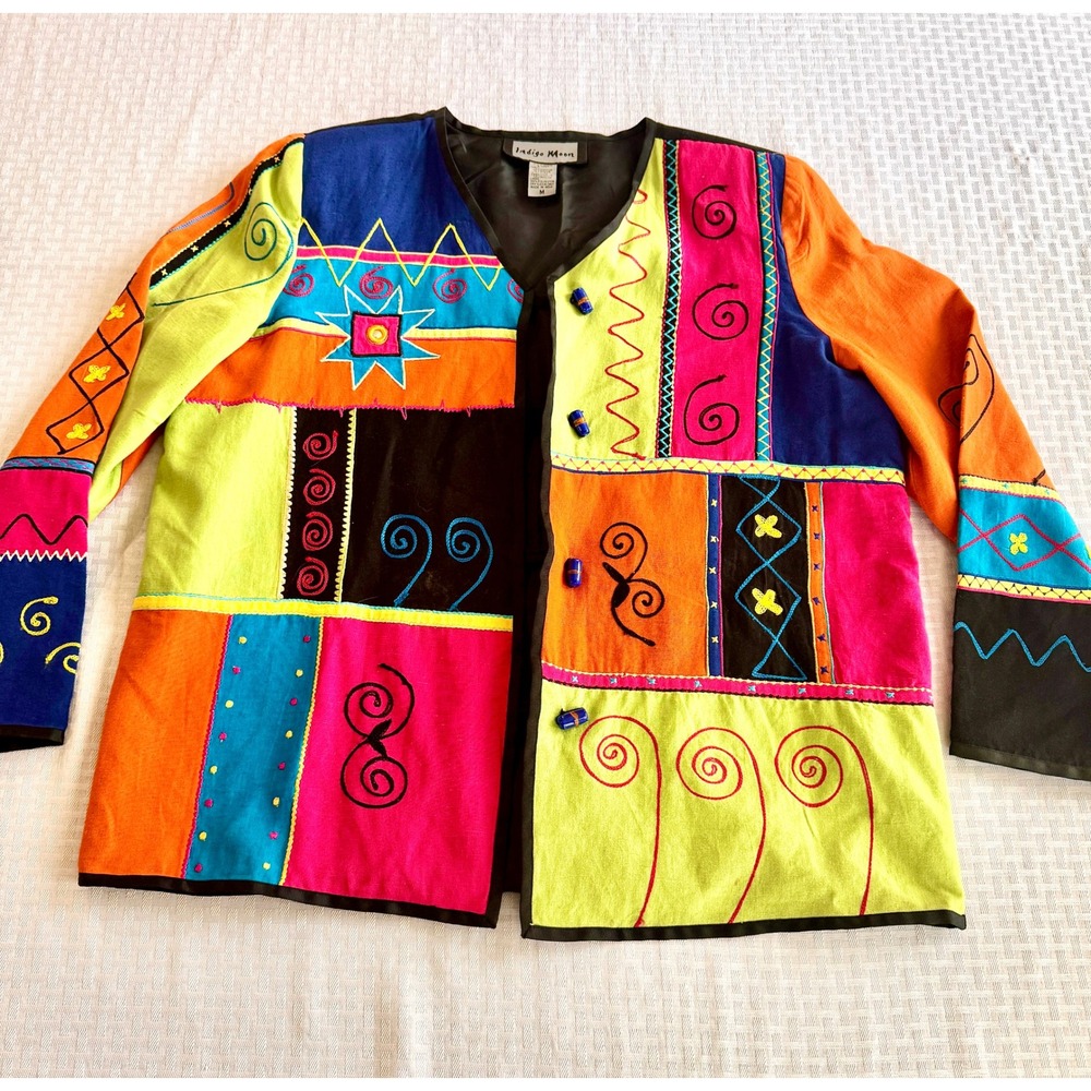Indigo Moon Vintage Patchwork Jacket Womens Medium Embroidered Wearable Art Boho